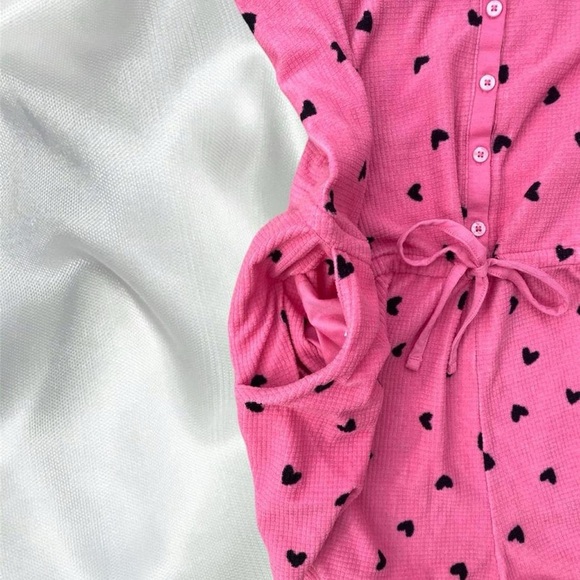 Pink and black heart print button up loungewear pajama romper - Picture 3 of 4